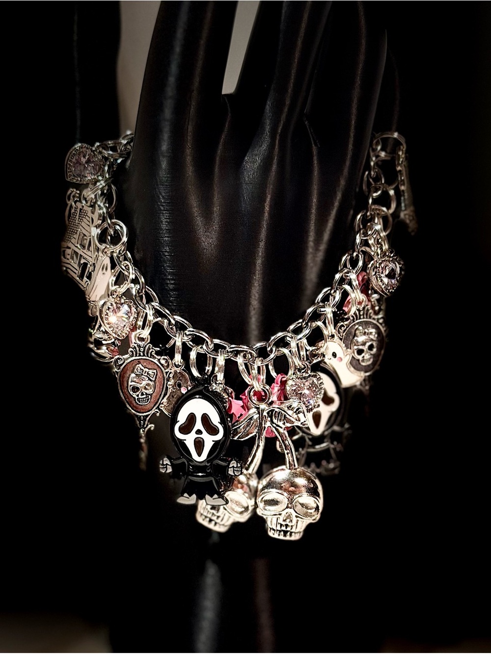 Halloween Charm Bracelet - Silver & Black Skull and Ghost Charms